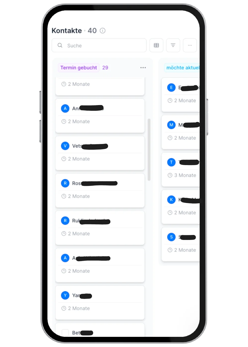 Mobiles Lead-Dashboard mit den eingegangenen Anfragen